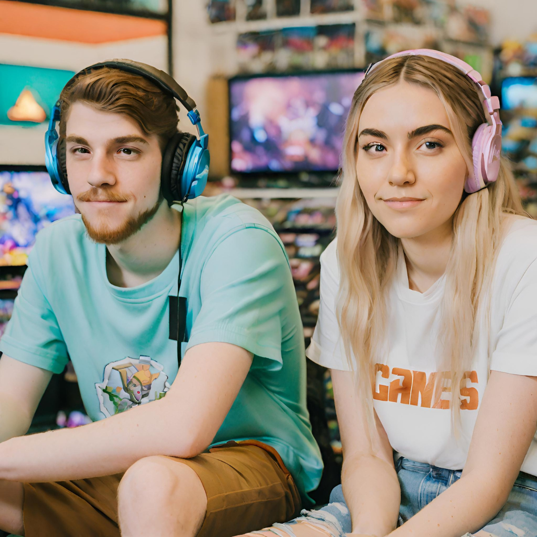 Michael, and Emily sitting together who are GEN Z, and are gamers, and owner games shop

